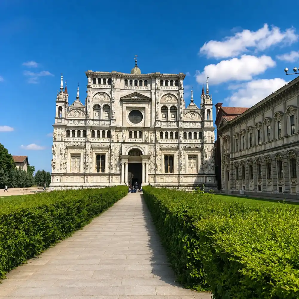 Ornate facade and walkway at Certosa di Garegnano